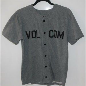 VOLCOM Baseball Jersey Style Button Front Women's SS Shirt Gray Black Letters XL